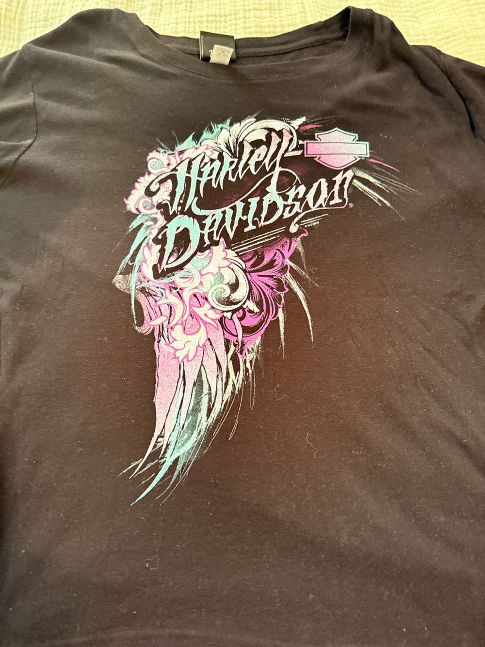 Women’s Harley Davison Black Graphic Tee with Pink & Aqua Wing Design